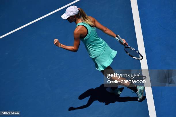 Czech Republic's Denisa Allertova reacts during their women's singles third round match against Poland's Magda Linette on day five of the Australian...