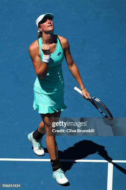 Denisa Allertova of the Czech Republic celebrates winning match point in her third round match against Magda Linette of Poland on day five of the...