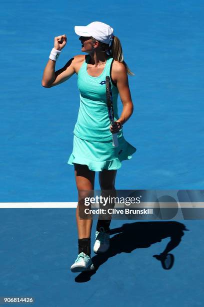 Denisa Allertova of the Czech Republic celebrates winning match point in her third round match against Magda Linette of Poland on day five of the...