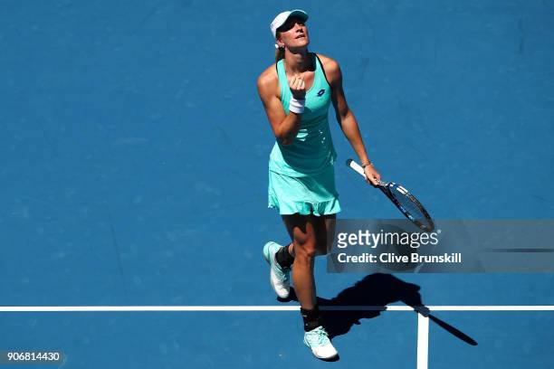 Denisa Allertova of the Czech Republic celebrates winning match point in her third round match against Magda Linette of Poland on day five of the...