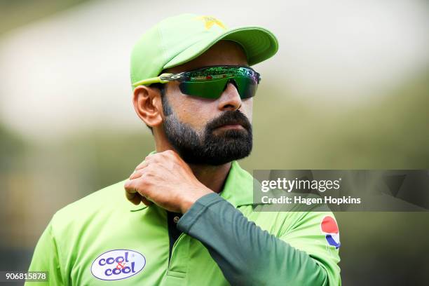 Mohammad Hafeez of Pakistan looks on while playing his 200th ODI during game five of the One Day International Series between New Zealand and...