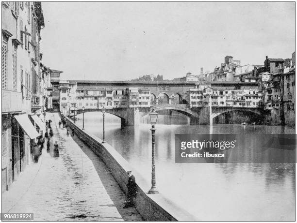 antique photograph of world's famous sites: ponte vecchio, florence, italy - vecchio stock illustrations