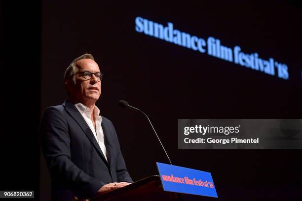 Sundance Film Festival Director John Cooper speaks onstage at the "Blindspotting" Premiere during the 2018 Sundance Film Festival at Eccles Center...