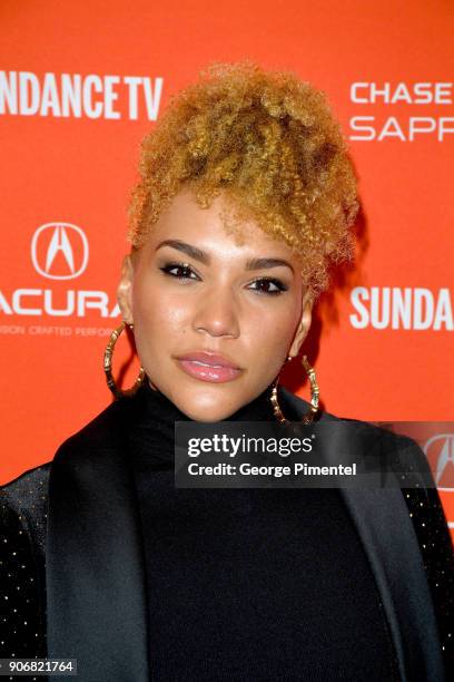 Actress Emmy Raver-Lampman attends the "Blindspotting" Premiere during the 2018 Sundance Film Festival at Eccles Center Theatre on January 18, 2018...