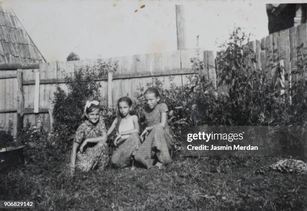 vintage photo of girls in village - 1970 portrait stock pictures, royalty-free photos & images