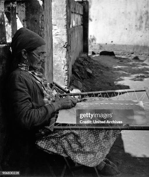 Elder lady stitching, Paraguay 1960s.