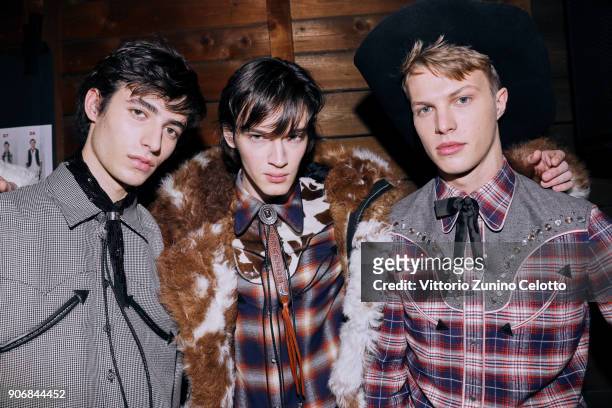 Models are seen backstage ahead of the Dsquared2 show during Milan Men's Fashion Week Fall/Winter 2018/19 on January 14, 2018 in Milan, Italy.