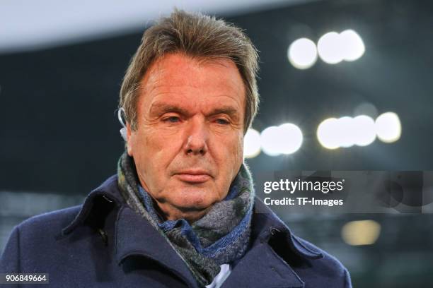 Heribert Bruchhagen of Hamburg looks on after the Bundesliga match between FC Augsburg and Hamburger SV at WWK-Arena on January 13, 2018 in Augsburg,...