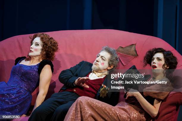 From left, American mezzo-soprano Patricia Risley , Italian baritone Alessandro Corbelli , and Australian soprano Rachelle Durkin perform during the...