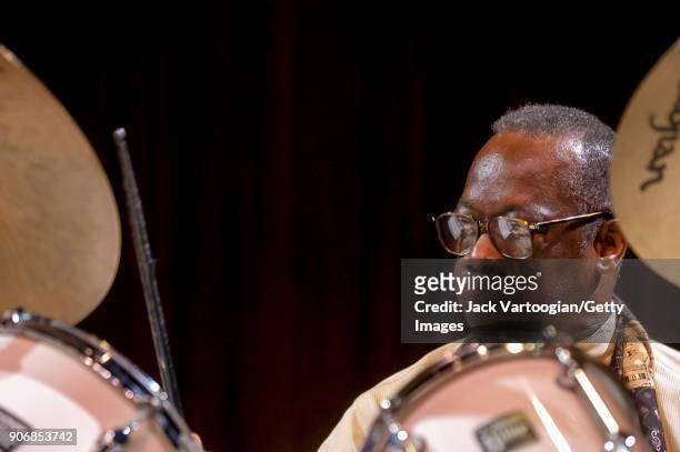 American Jazz musician Andrew Cyrille plays drums as he performs onstage during the Archie Shepp/Roswell Rudd Live in New York' concert at Lincoln...