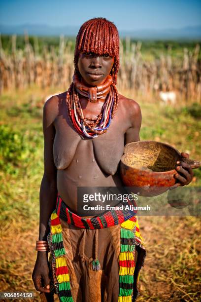 portrait of hamar tribe woman, turmi, ethiopia - december 12, 2017 - hamer tribe stock pictures, royalty-free photos & images