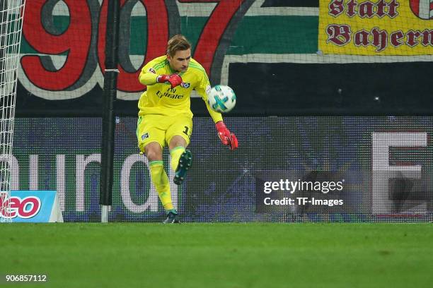 Goalkeeper Julian Pollersbeck of Hamburg controls the ball during the Bundesliga match between FC Augsburg and Hamburger SV at WWK-Arena on January...