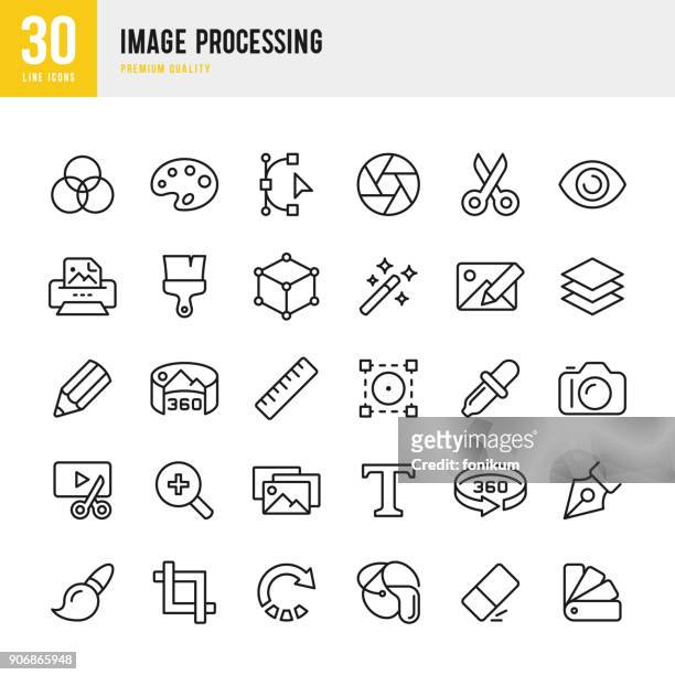 stockillustraties, clipart, cartoons en iconen met image processing - dunne lijn vector icons set - panoramic