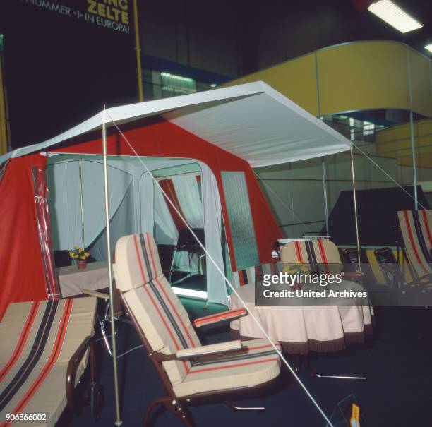Stand with camping equipment on the Leipzig Autumn Fair, Leipzig, DDR 1970s.