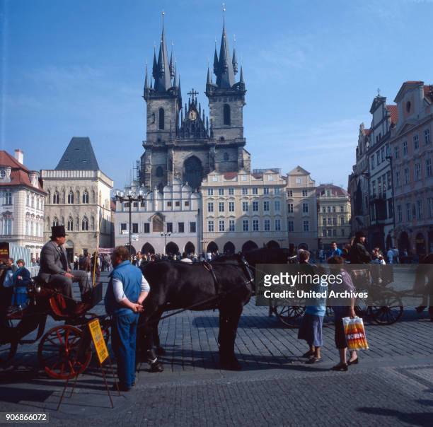 Carriage tour along the Old Town Square, Prague, Czech Republic 1980s.