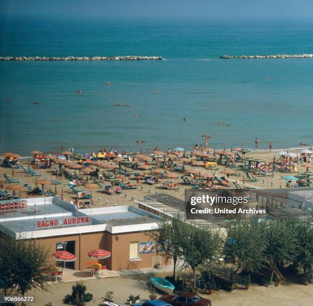 The beach life of Cesenatico at the Adriatic Sea, Italy 1970s.