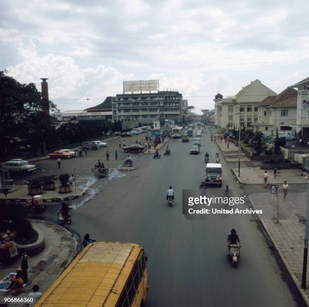 Traffic in Bandung on the island of Java, Indonesia 1980s.