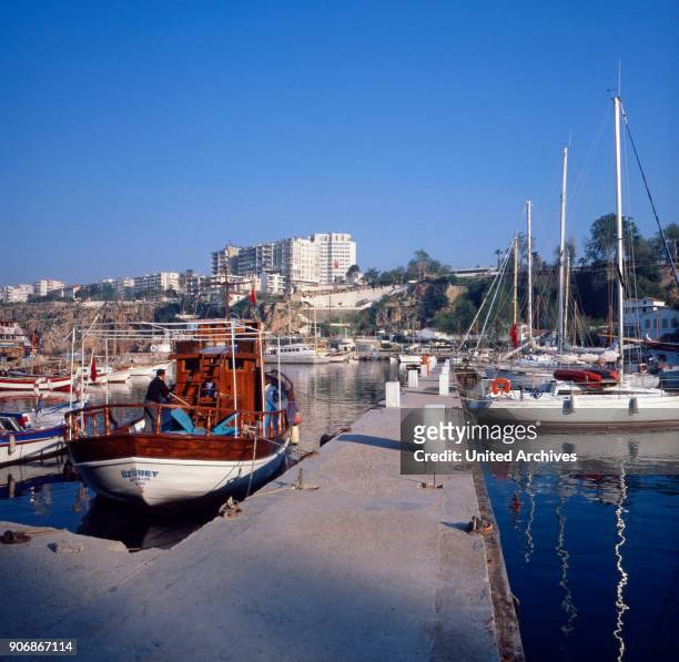 Boats at Antalya harbor, Turkey 1980s.