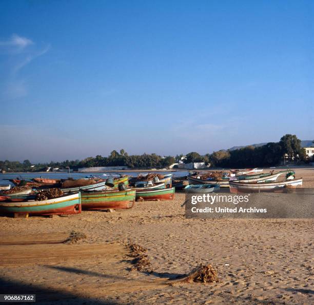 Fishing boats at the beach of Hammamet, Tunisia 1980s.