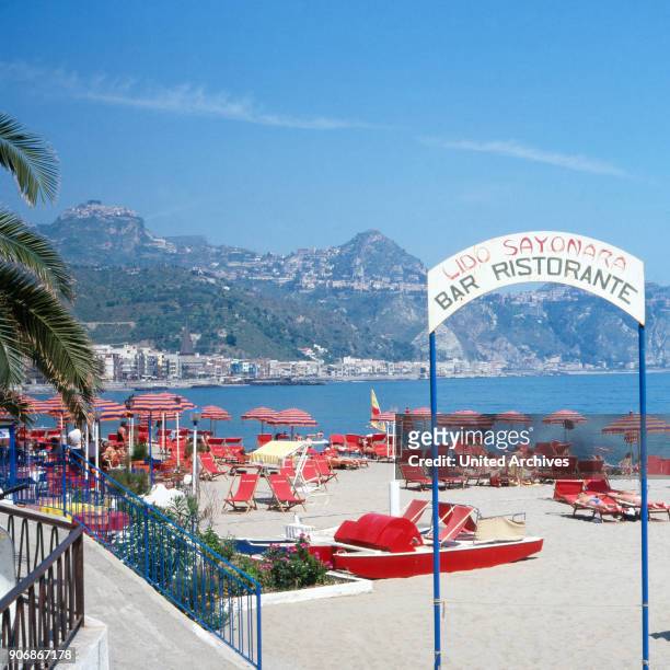 Beach cafe at Lipari in Italy, 1980s.