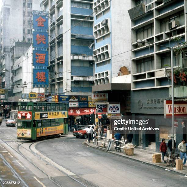 Impression from the inner city of British Crown colony of Hong Kong, 1980s.