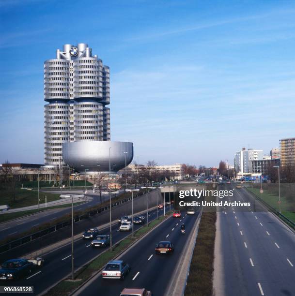 Munich, Petuelring. View to the BMW Tower, Headquarters of the Bavarian car company BMW.