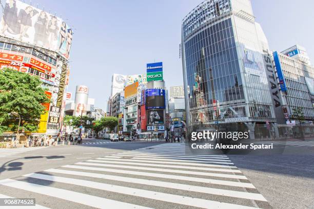 pedestrian crossing at shibuya early in the morning with clear blue sky - shibuya station foto e immagini stock