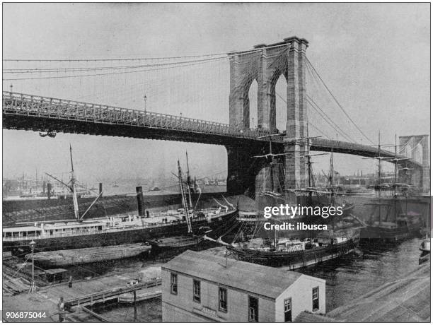 illustrations, cliparts, dessins animés et ic�ônes de antique photo des sites célèbres du monde : le pont de brooklyn, new york - brooklyn bridge