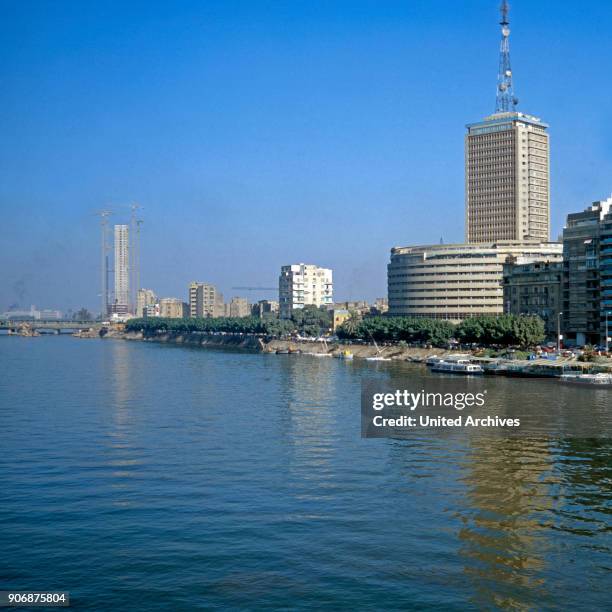 Maspiro building, the Egyptian television and radio unit headquarters on the shore of river Nile at Cairo, Egypt, late 1970s.