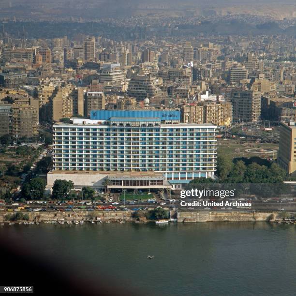 View from Cairo Tower to the Nile Hilton and Midan al Tahrir square , Egypt, late 1970s.