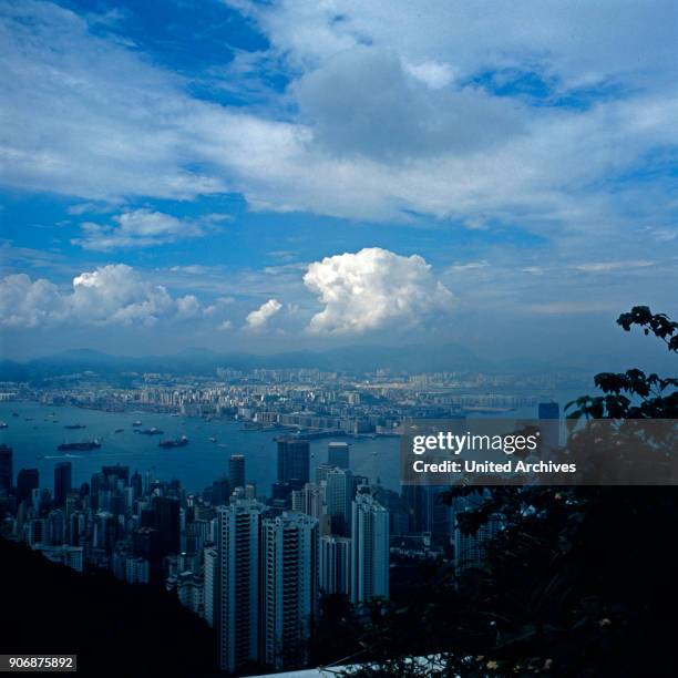 View to the city of Hong Kong from a viewing platfrom of the park, early 1980s.