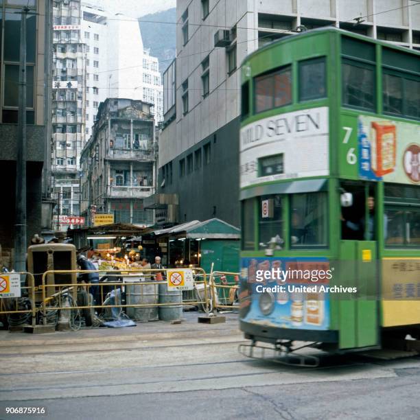 Tram on its way through the streets of Hong Kong, early 1980s.