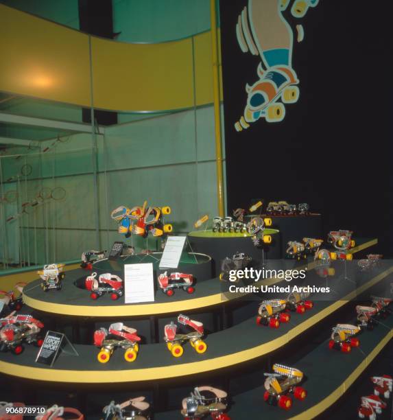 Stand with roller skates on the Leipzig Autumn Fair, Leipzig, DDR 1970s.