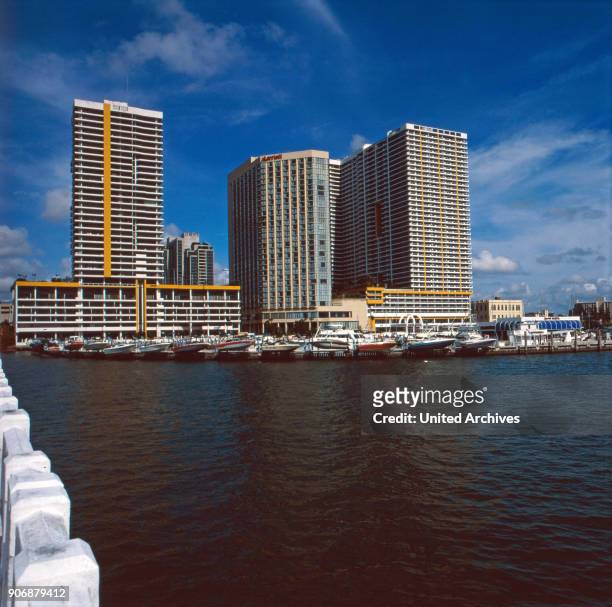 The Skyline of Miami, Florida, USA 1980s.