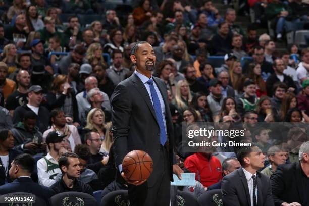 Assistant Coach Juwan Howard of the Miami Heat looks on during the game against the Milwaukee Bucks on January 17, 2018 at the BMO Harris Bradley...