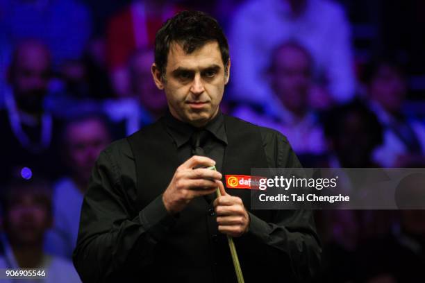 Ronnie O'Sullivan of England reacts during his quarter-final match against Mark Allen of Northern Ireland on day five of The Dafabet Masters at...