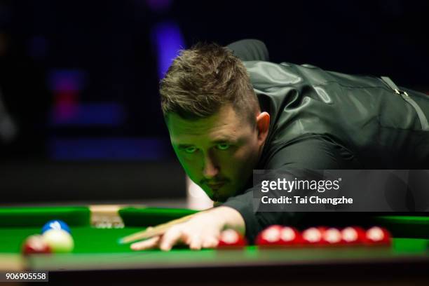 Kyren Wilson of England plays a shot during his quarter-final match against Mark Williams of Walesduring on day five of The Dafabet Masters at...