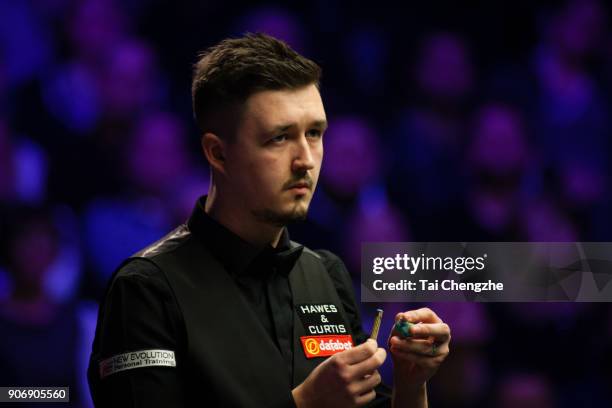 Kyren Wilson of England reacts during his quarter-final match against Mark Williams of Walesduring on day five of The Dafabet Masters at Alexandra...