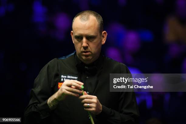 Mark Williams of Walesduring reacts during his quarter-final match against Kyren Wilson of England on day five of The Dafabet Masters at Alexandra...