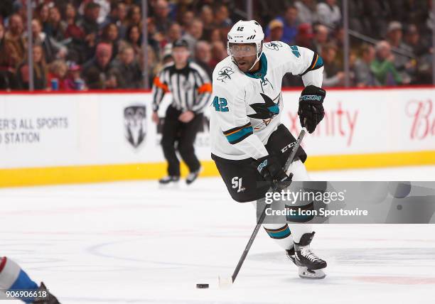 San Jose Sharks right wing Joel Ward skates with the puck during a regular season game between the Colorado Avalanche and the visiting San Jose...