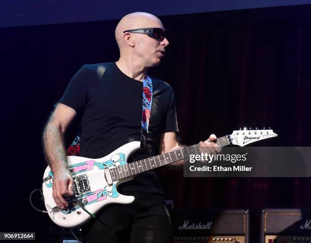 Guitarist Joe Satriani performs as part of the G3 concert tour at Brooklyn Bowl Las Vegas at The Linq Promenade on January 17, 2018 in Las Vegas,...