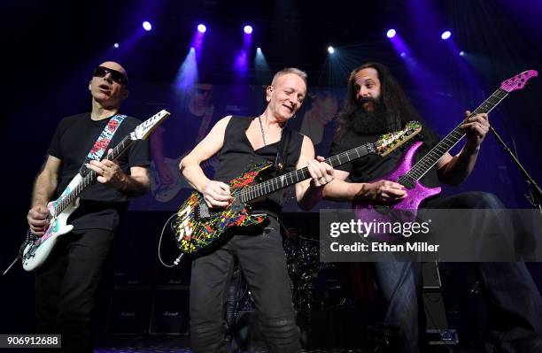 Guitarists Joe Satriani, Phil Collen and John Petrucci perform as part of the G3 concert tour at Brooklyn Bowl Las Vegas at The Linq Promenade on...