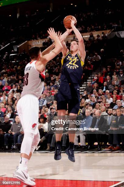 Leaf of the Indiana Pacers shoots the ball during the game against the Portland Trail Blazers on January 18, 2018 at the Moda Center in Portland,...