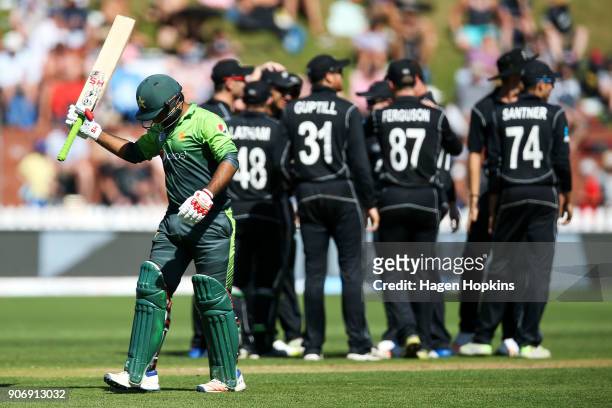 Sarfraz Ahmed of Pakistan leaves the field after being dismissed during game five of the One Day International Series between New Zealand and...