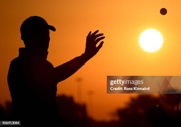 Matthew Fitzpatrick of England warms up on the range prior to round two of the Abu Dhabi HSBC Golf Championship at Abu Dhabi Golf Club on January 19,...