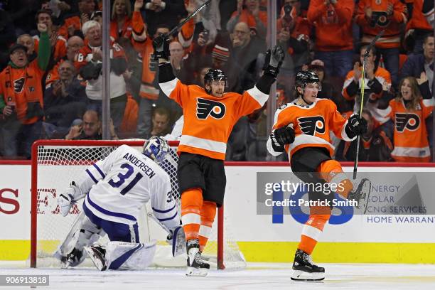 Nolan Patrick of the Philadelphia Flyers celebrates his goal against the Toronto Maple Leafs during the third period at Wells Fargo Center on January...