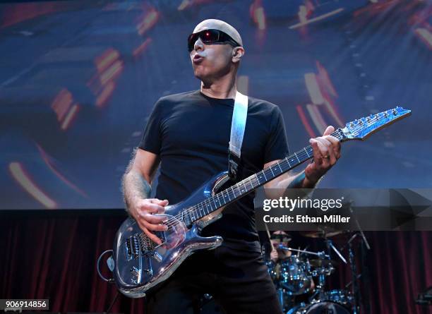 Guitarist Joe Satriani performs as part of the G3 concert tour at Brooklyn Bowl Las Vegas at The Linq Promenade on January 17, 2018 in Las Vegas,...