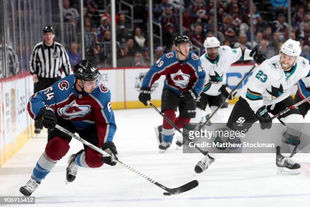 Nail Yakupov of the Colorado Avalanche advances the puck against the San Jose Sharks at the Pepsi Center on January 18, 2018 in Denver, Colorado.