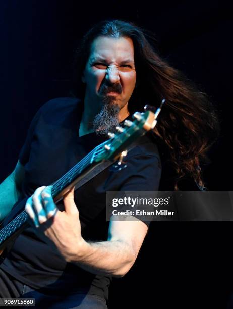 Bassist Bryan Beller performs with guitarist Joe Satriani as part of the G3 concert tour at Brooklyn Bowl Las Vegas at The Linq Promenade on January...