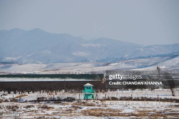 In this photograph taken on January 10, 2018 North Korean soldiers are seen at a guard post on the bank of the Yalu river near the North Korean town...